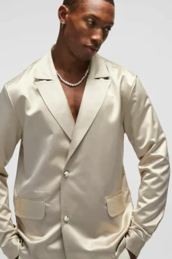 Flash Sale boohooMAN Regular Fit Pearl Button Satin Shirt taupe