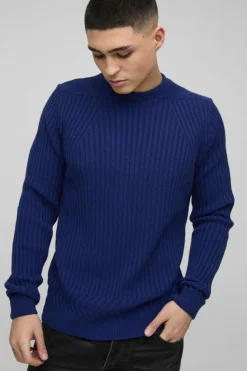 Shop boohooMAN Regular Fit Plaited Hem Knitted Jumper slate blue