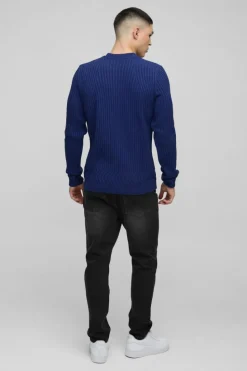 Shop boohooMAN Regular Fit Plaited Hem Knitted Jumper slate blue