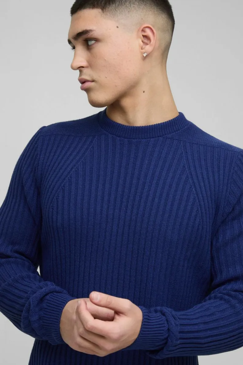 Shop boohooMAN Regular Fit Plaited Hem Knitted Jumper slate blue