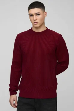 Fashion boohooMAN Regular Fit Plaited Hem Knitted Jumper burgundy