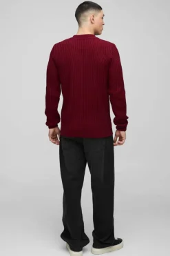 Fashion boohooMAN Regular Fit Plaited Hem Knitted Jumper burgundy