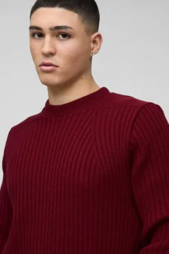 Fashion boohooMAN Regular Fit Plaited Hem Knitted Jumper burgundy