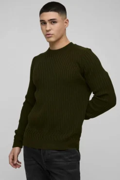Shop boohooMAN Regular Fit Plaited Hem Knitted Jumper khaki