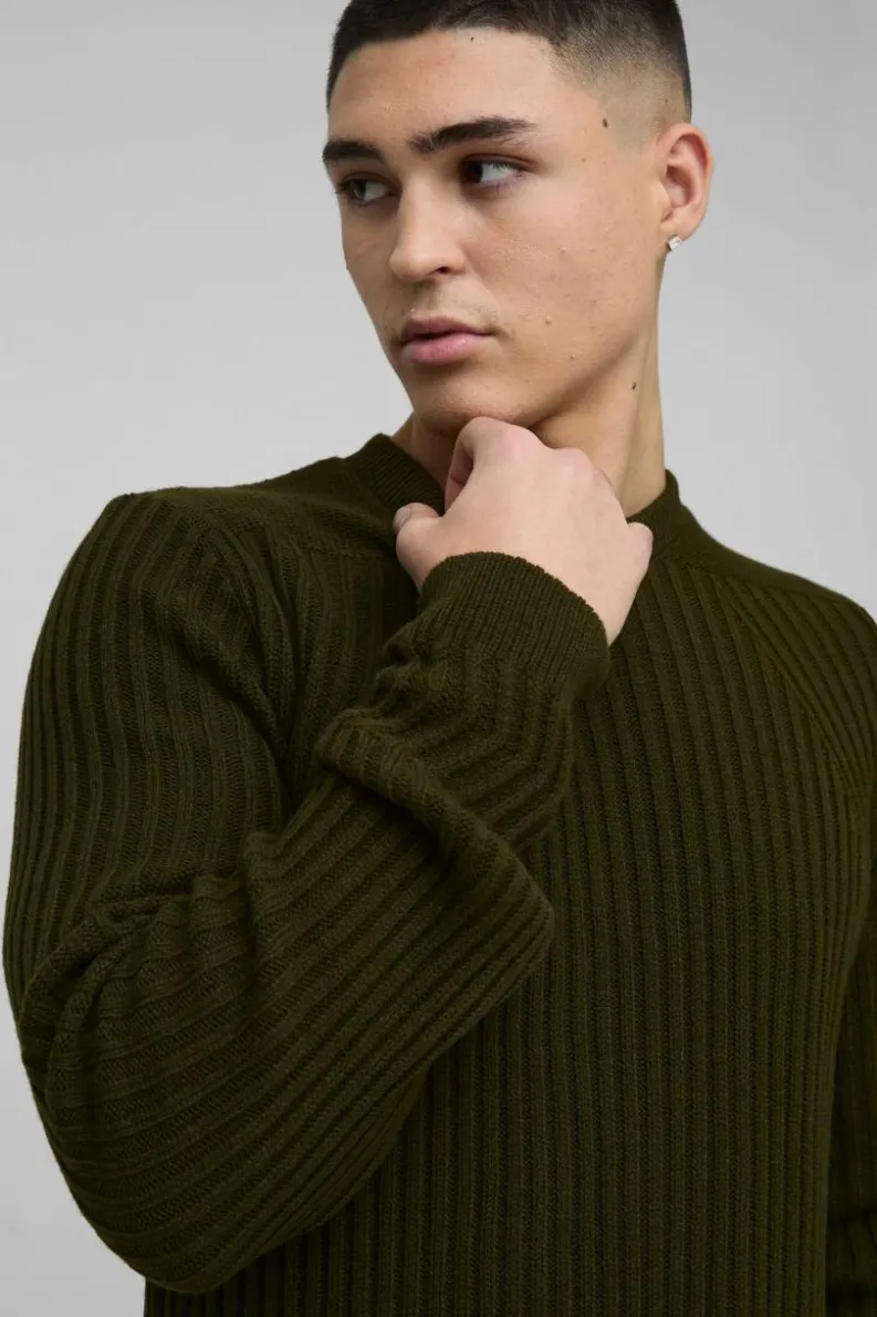 Shop boohooMAN Regular Fit Plaited Hem Knitted Jumper khaki