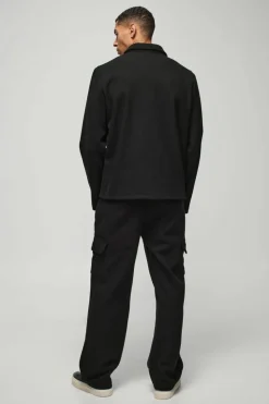 Outlet boohoo Regular Fit Pocket Detail Wool Look Harrington & Trouser Suit black