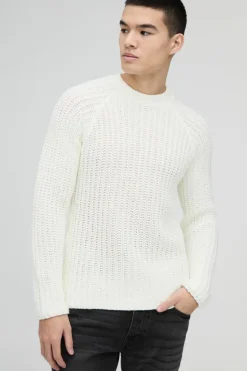 Cheap boohooMAN Regular Fit Raglan Detail Ribbed Crew Neck Knit Jumper ecru