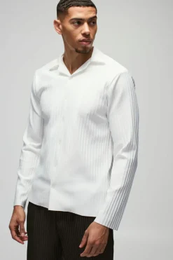 Outlet boohooMAN Regular Fit Revere Pleated Long Sleeve Shirt white
