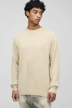 Best boohooMAN Regular Fit Ribbed Panel Crew Knitted Jumper sand