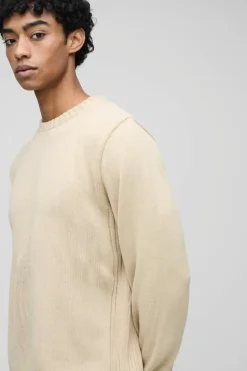 Best boohooMAN Regular Fit Ribbed Panel Crew Knitted Jumper sand