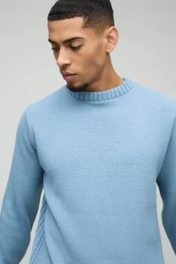 Cheap boohooMAN Regular Fit Ribbed Panel Crew Knitted Jumper light blue