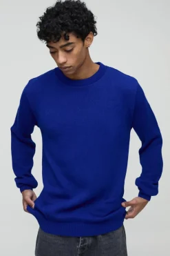 Hot boohooMAN Regular Fit Ribbed Panel Elbow Patch Crew Knitted Jumper cobalt