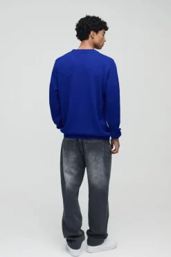 Hot boohooMAN Regular Fit Ribbed Panel Elbow Patch Crew Knitted Jumper cobalt