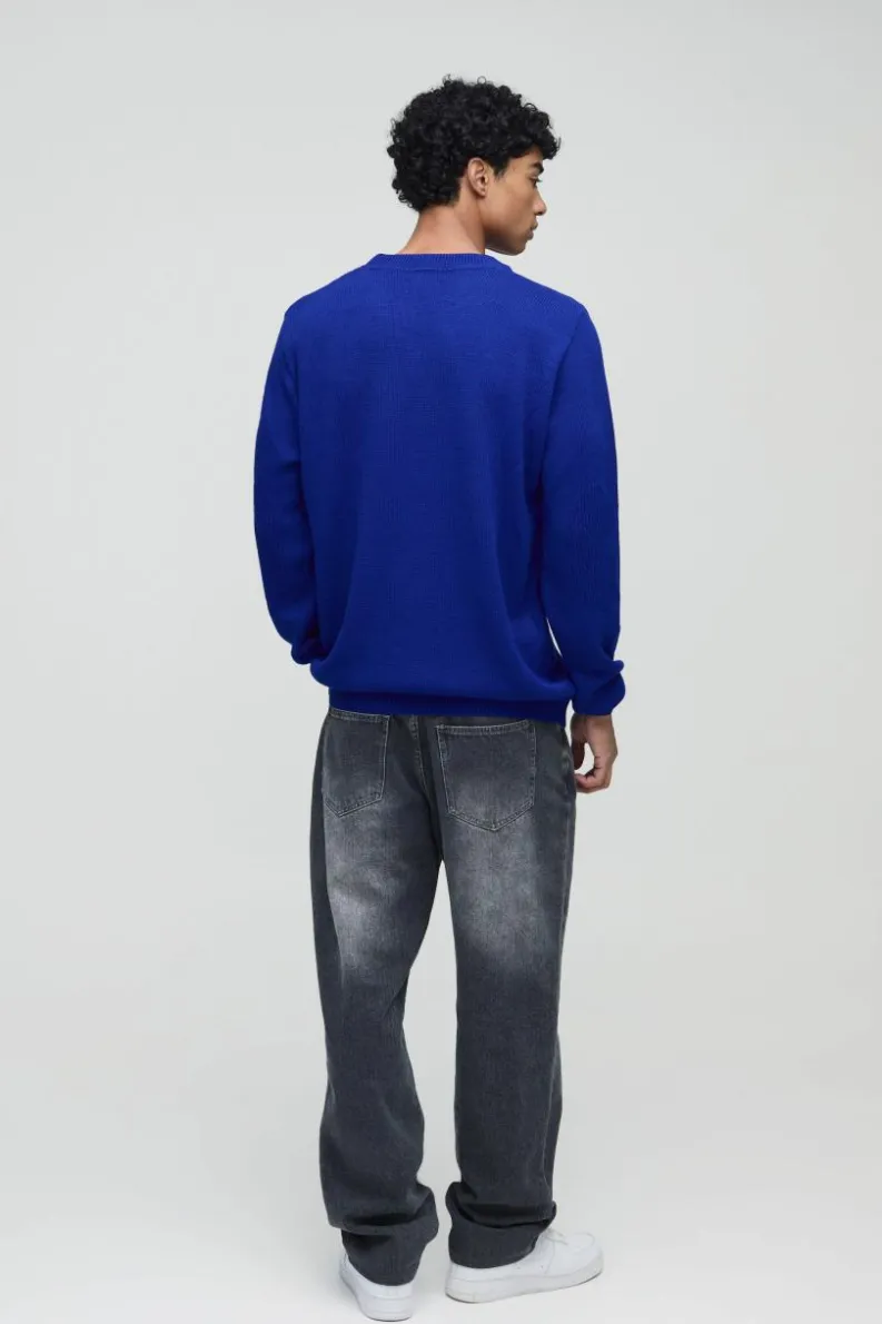 Hot boohooMAN Regular Fit Ribbed Panel Elbow Patch Crew Knitted Jumper cobalt
