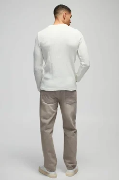 Hot boohooMAN Regular Fit Ribbed V Neck Collar Knitted Polo ecru