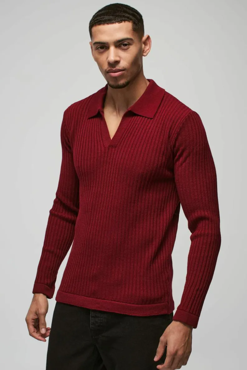 Best boohooMAN Regular Fit Ribbed V Neck Collar Knitted Polo burgundy
