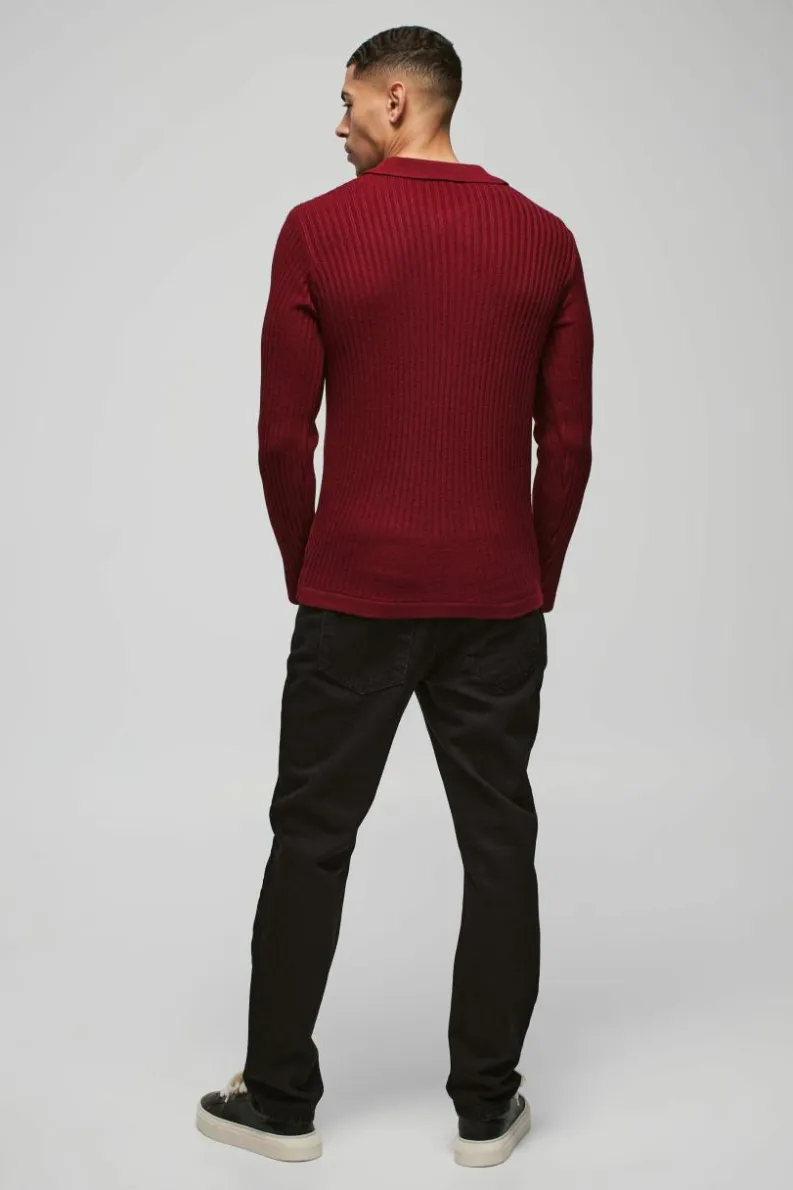 Best boohooMAN Regular Fit Ribbed V Neck Collar Knitted Polo burgundy