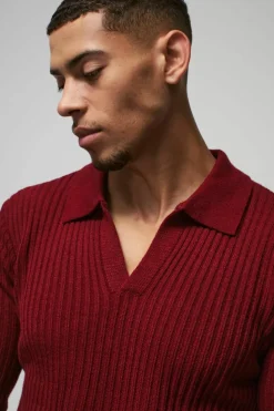 Best boohooMAN Regular Fit Ribbed V Neck Collar Knitted Polo burgundy