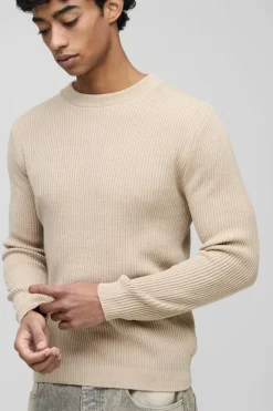 Shop boohooMAN Regular Fit Rib Knit Jumper sand