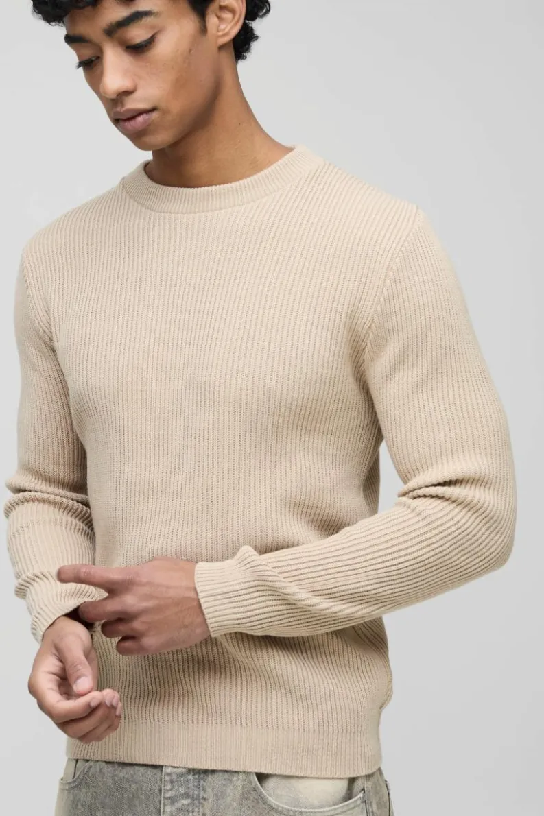 Shop boohooMAN Regular Fit Rib Knit Jumper sand