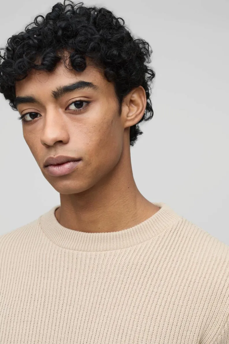 Shop boohooMAN Regular Fit Rib Knit Jumper sand