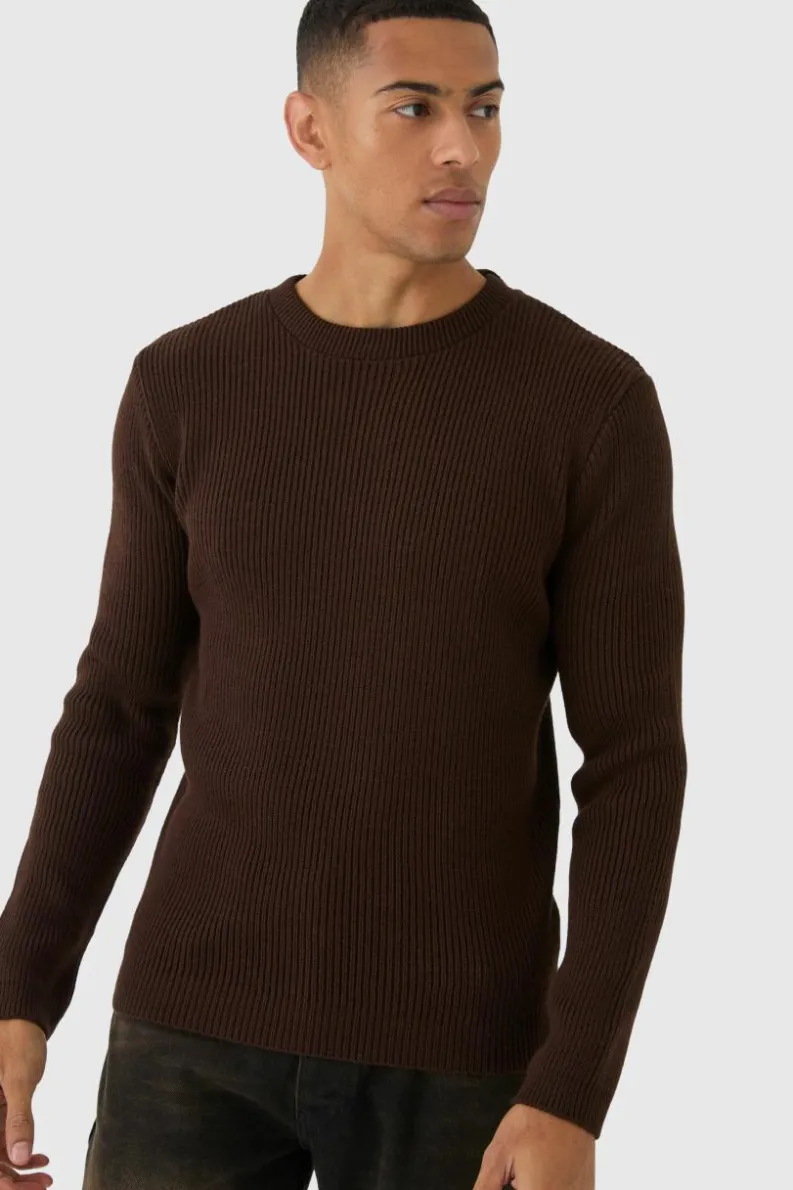 Cheap boohooMAN Regular Fit Rib Knit Jumper chocolate