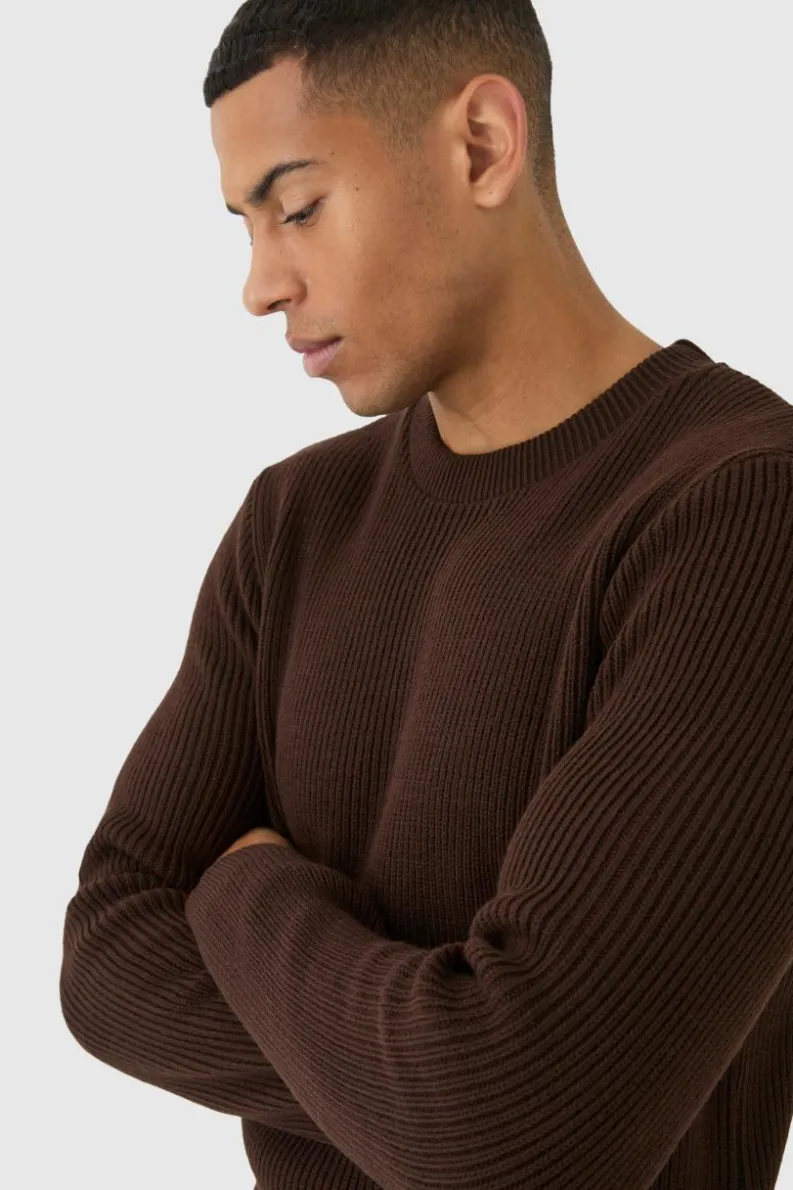 Cheap boohooMAN Regular Fit Rib Knit Jumper chocolate