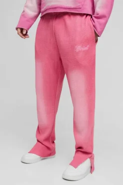 Fashion boohooMAN Regular Fit Spray Wash Heavy Waffle Embroidered Split Hem Jogger pink