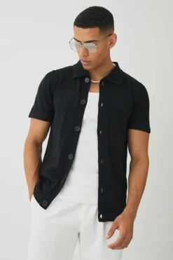 Online boohooMAN Regular Fit Tonal Embroidered Knitted Shirt black