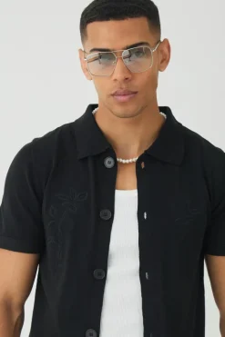 Online boohooMAN Regular Fit Tonal Embroidered Knitted Shirt black