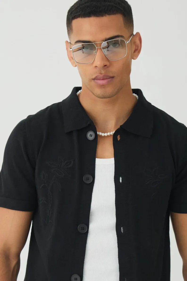 Online boohooMAN Regular Fit Tonal Embroidered Knitted Shirt black
