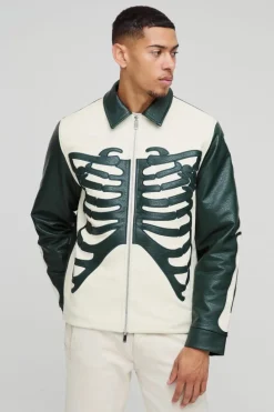 Online boohooMAN Regular Fit Tumbled PU Skeleton Applique Harrington Jacket forest