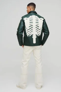 Online boohooMAN Regular Fit Tumbled PU Skeleton Applique Harrington Jacket forest