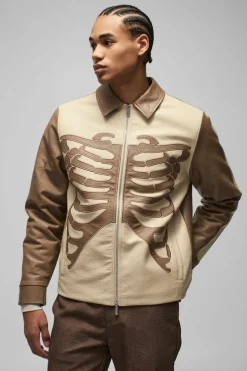 Cheap boohooMAN Regular Fit Tumbled PU Skeleton Applique Harrington Jacket brown