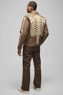 Cheap boohooMAN Regular Fit Tumbled PU Skeleton Applique Harrington Jacket brown