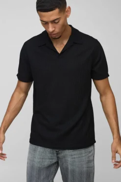 Cheap boohooMAN Regular Fit Waffle Revere Polo black