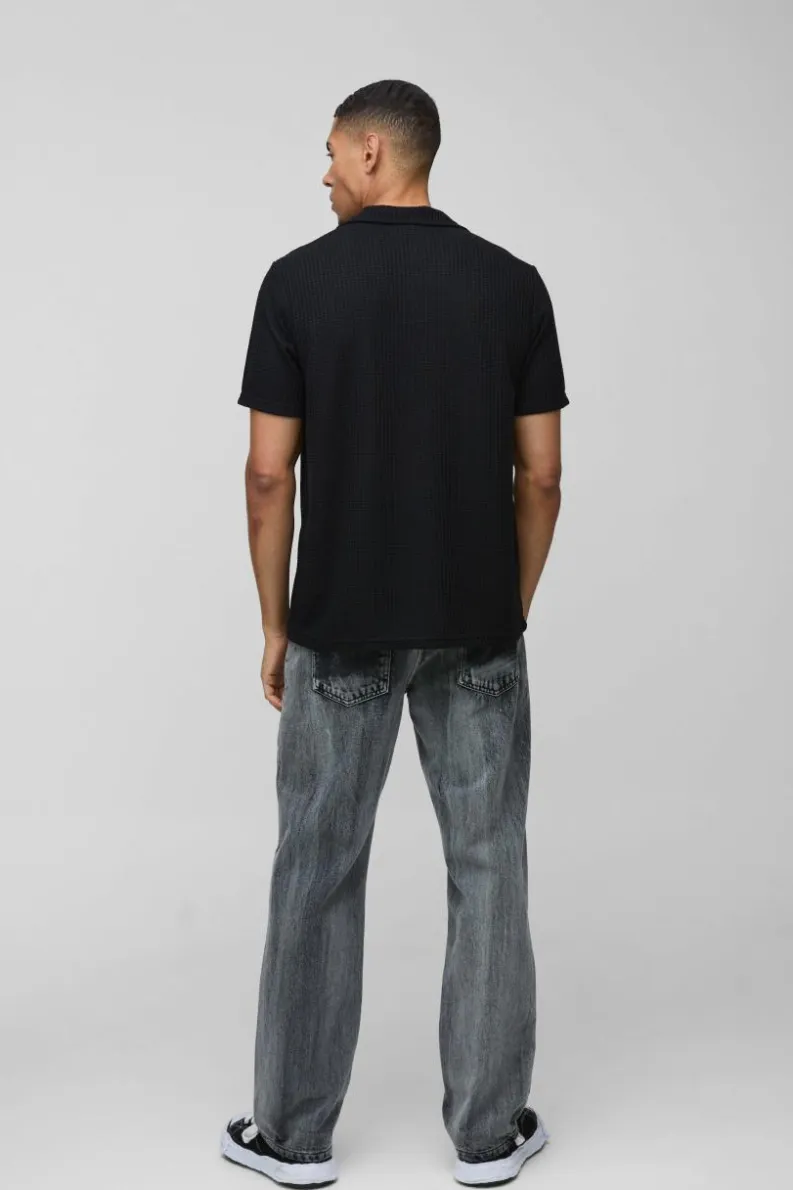 Cheap boohooMAN Regular Fit Waffle Revere Polo black