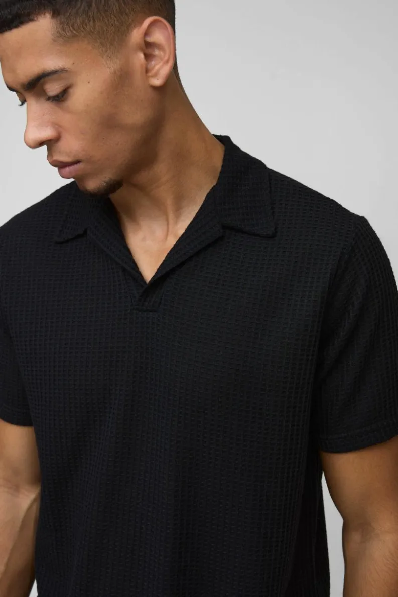 Cheap boohooMAN Regular Fit Waffle Revere Polo black