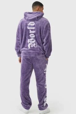 Flash Sale boohooMAN Regular Fit Worldwide Large Applique Teddy Borg Joggers purple