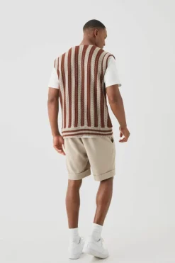 Fashion boohooMAN Regular Fit Zip Through Open Knit Stripe Gilet chocolate