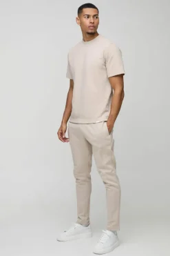 Sale boohooMAN Regular Interlock T-shirt And Jogger stone