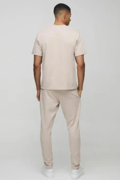 Sale boohooMAN Regular Interlock T-shirt And Jogger stone