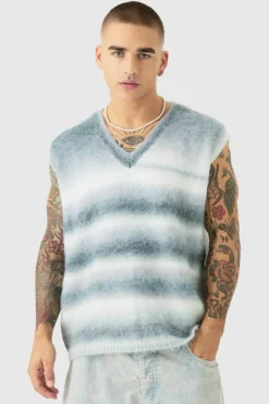 Sale boohooMAN Regular Knitted Brushed Stripe V Neck Tank teal