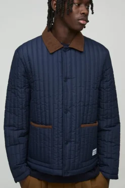 Discount boohooMAN Regular Lightweight Quilted Coach Jacket navy