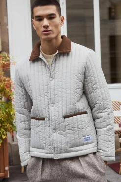 Cheap boohooMAN Regular Lightweight Quilted Coach Jacket stone