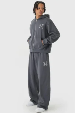 Discount boohooMAN Regular Paisley Back Print Zip Through Tracksuit charcoal