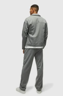 Sale boohooMAN Regular Pinstripe Overshirt & Tapered Fit Trouser Set light grey