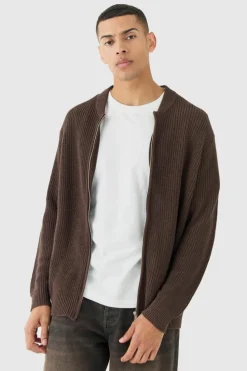 Cheap boohooMAN Regular Ribbed Fisherman Knit Bomber Jacket chocolate