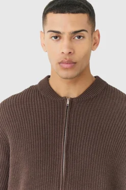 Cheap boohooMAN Regular Ribbed Fisherman Knit Bomber Jacket chocolate