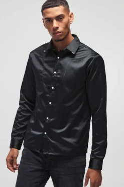 Outlet boohooMAN Regular Satin Western Long Sleeve Shirt black